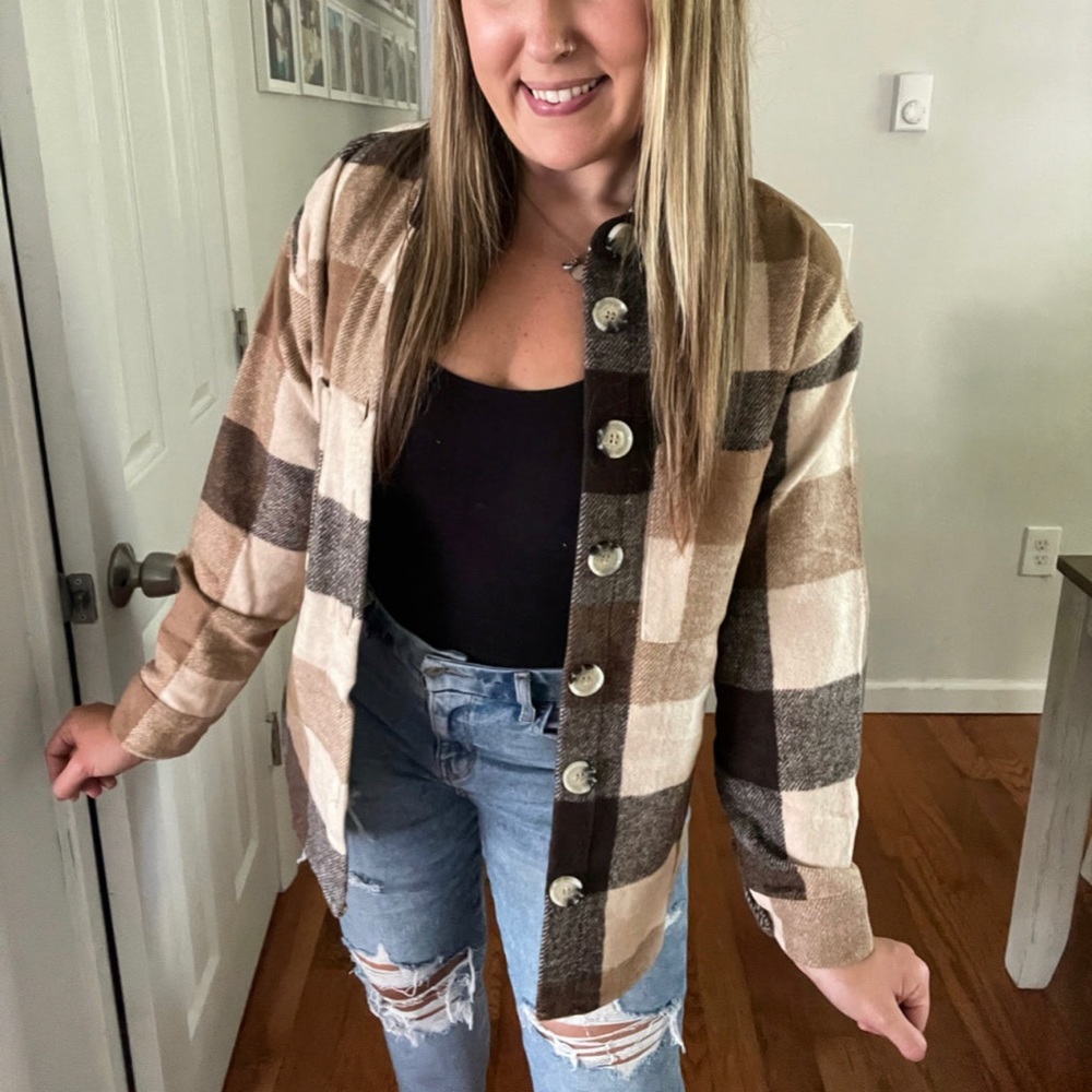 The Kora Khaki Plaid Button Down Shacket